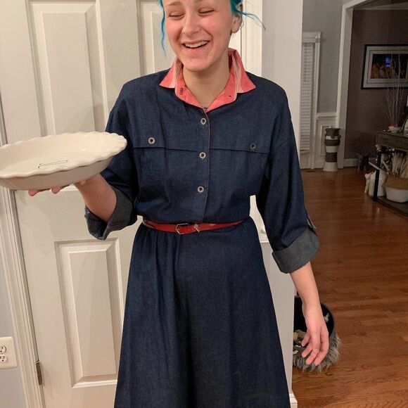 Vintage Denim Shoulder Pad Belted Dress sz 12 - Picture 2 of 5